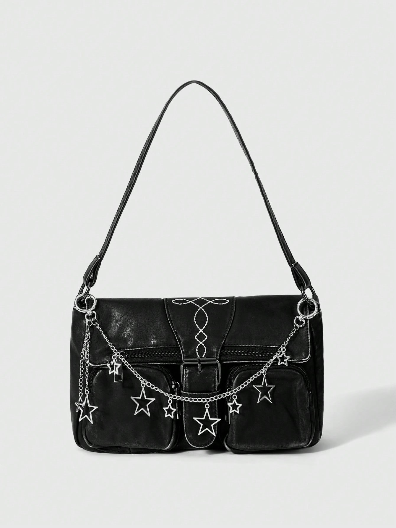 Goth Women Retro Hippie Embroidered Multi-Pocket One Shoulder Bag, Distressed PU Leather, Star Chain, Y2K Style Underarm Bag